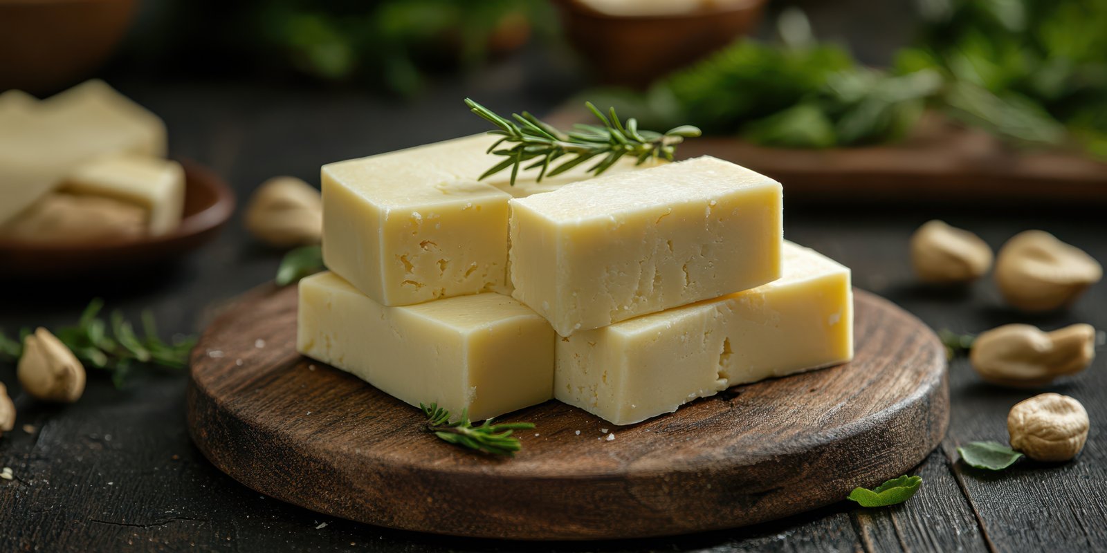 Delicious homemade cheese sitting on a wooden board with herbs and nuts in a rustic kitchen setting